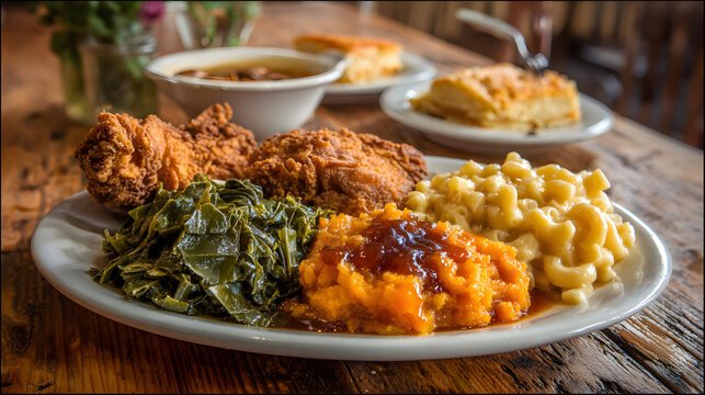 Soul food plate — fried chicken, collard greens, candied yams, mac and cheese, cornbread